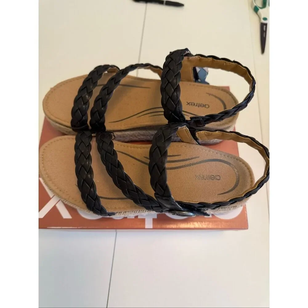 NEW Aetrex Julia Platform Sandal in Black Braided Leather NIB Arch Support, Boho